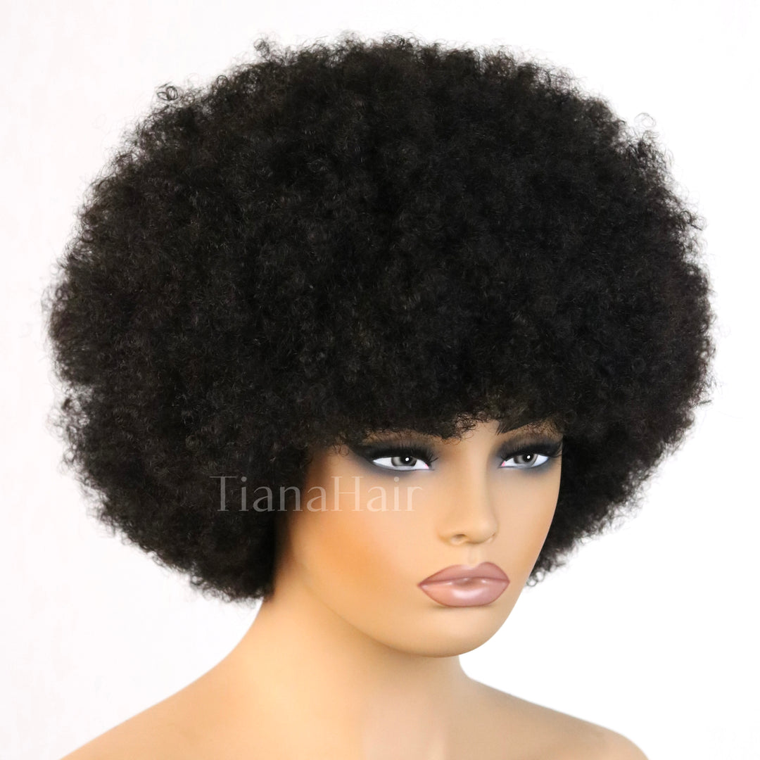 Afro Curly Bangs Wig Short Bob Fluffy Full Machine Made 100% Human Hair Wig