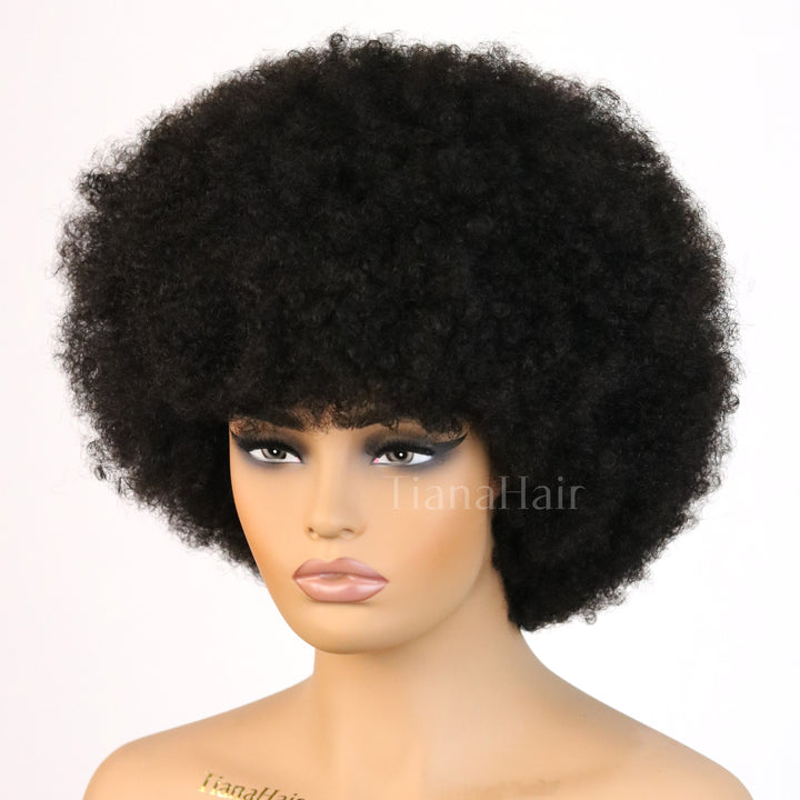 Afro Curly Bangs Wig Short Bob Fluffy Full Machine Made 100% Human Hair Wig