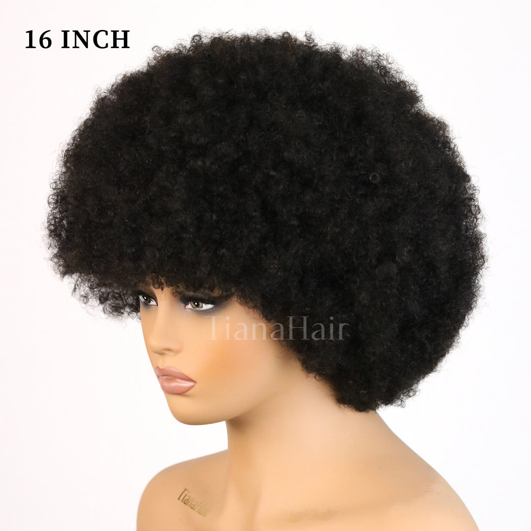 Afro Curly Bangs Wig Short Bob Fluffy Full Machine Made 100% Human Hair Wig