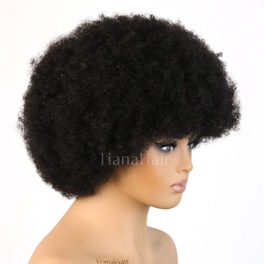 Afro Curly Bangs Wig Short Bob Fluffy Full Machine Made 100% Human Hair Wig