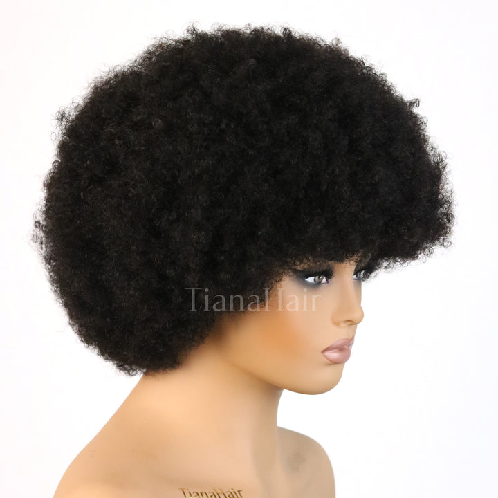 Afro Curly Bangs Wig Short Bob Fluffy Full Machine Made 100% Human Hair Wig