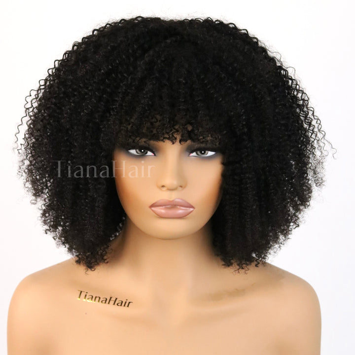 Bouncy Jerry Curl Throw On & Go Afro Curly Glueless Short Curly Wig with Bangs