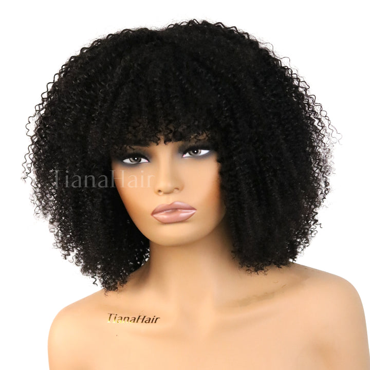 Bouncy Jerry Curl Throw On & Go Afro Curly Glueless Short Curly Wig with Bangs