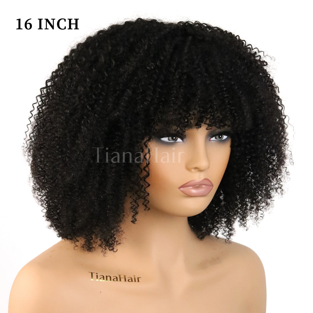 Bouncy Jerry Curl Throw On & Go Afro Curly Glueless Short Curly Wig with Bangs