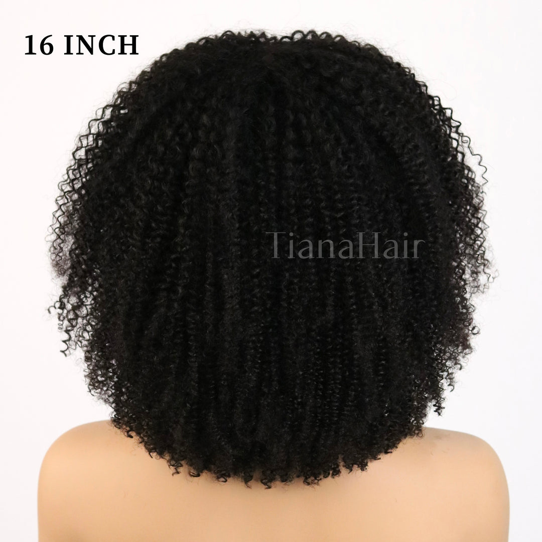 Bouncy Jerry Curl Throw On & Go Afro Curly Glueless Short Curly Wig with Bangs