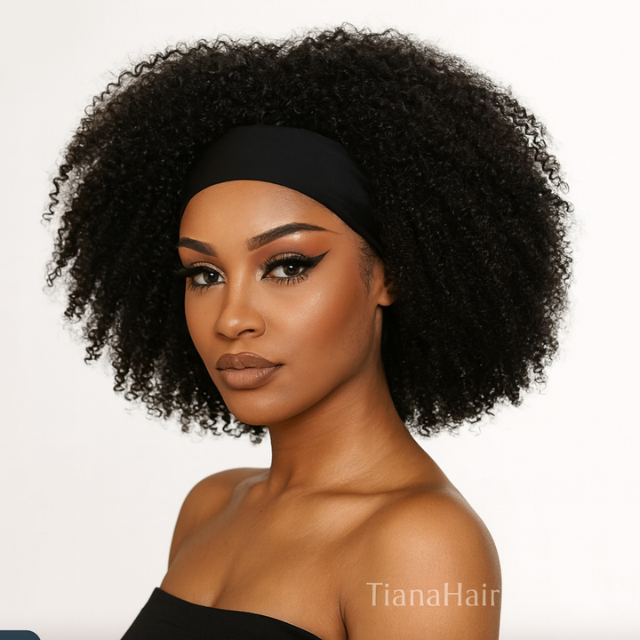 Kinky Curly Glueless No Lace Stirnband Lange Perücke 100 % Echthaar