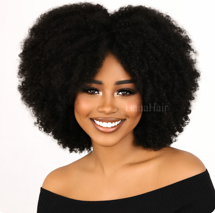 Kinky Curly Glueless No Lace Stirnband Lange Perücke 100 % Echthaar