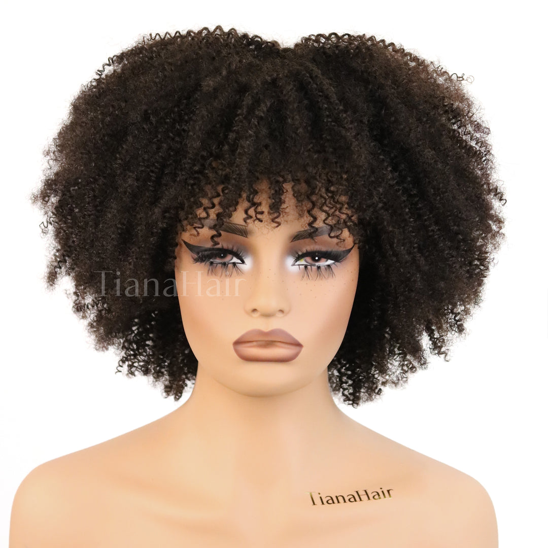Classic Medium Brown Afro Curly Wig with Bangs Beginner Friendly