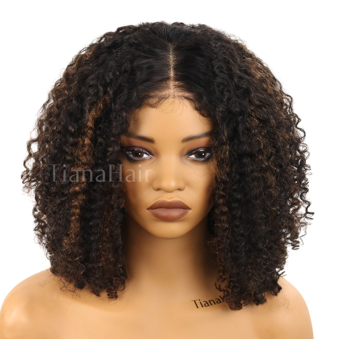 4x4/7x5 Lace Highlights Balayage Layer Cut 4C Edges Hairline Coily Curly Short Bob Glueless Wig Human Hair
