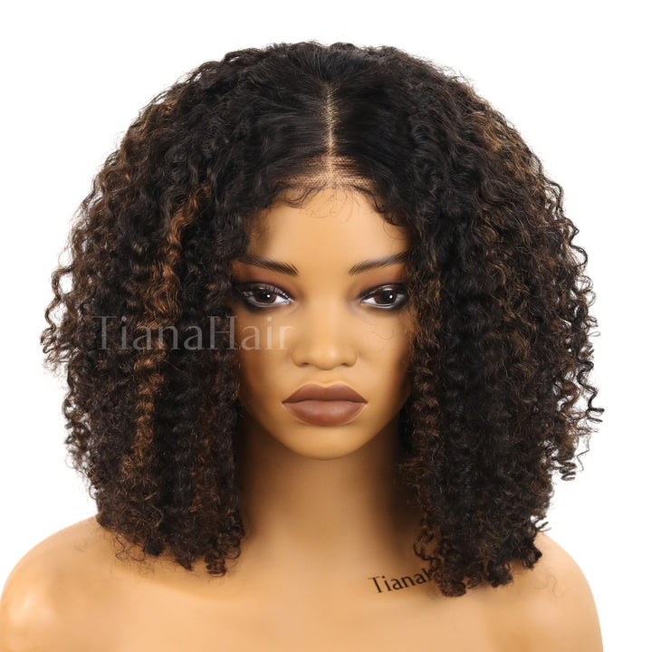 4x4/7x5 Lace Highlights Balayage Layer Cut 4C Edges Hairline Coily Curly Short Bob Glueless Wig Human Hair