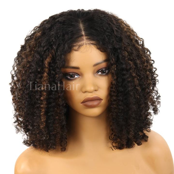 4x4/7x5 Lace Highlights Balayage Layer Cut 4C Edges Hairline Coily Curly Short Bob Glueless Wig Human Hair