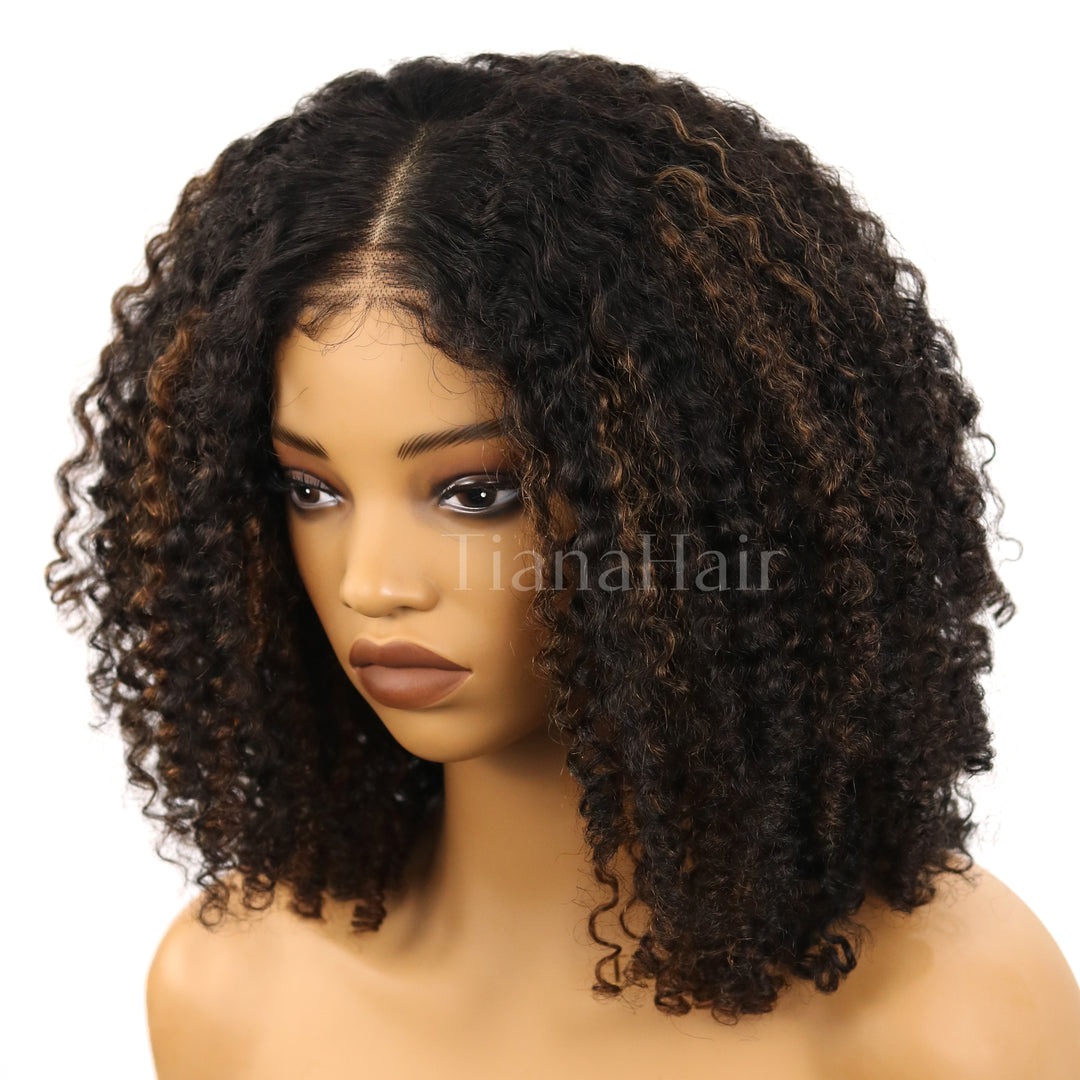 4x4/7x5 Lace Highlights Balayage Layer Cut 4C Edges Hairline Coily Curly Short Bob Glueless Wig Human Hair