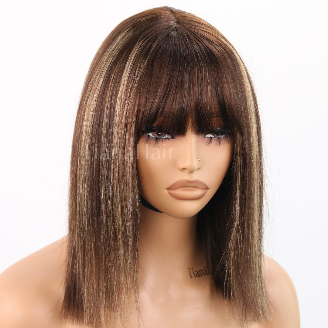 Ash Blonde Highlights Silky Blunt Cut Bob Wig with Bangs Glueless No Lace Short Wig
