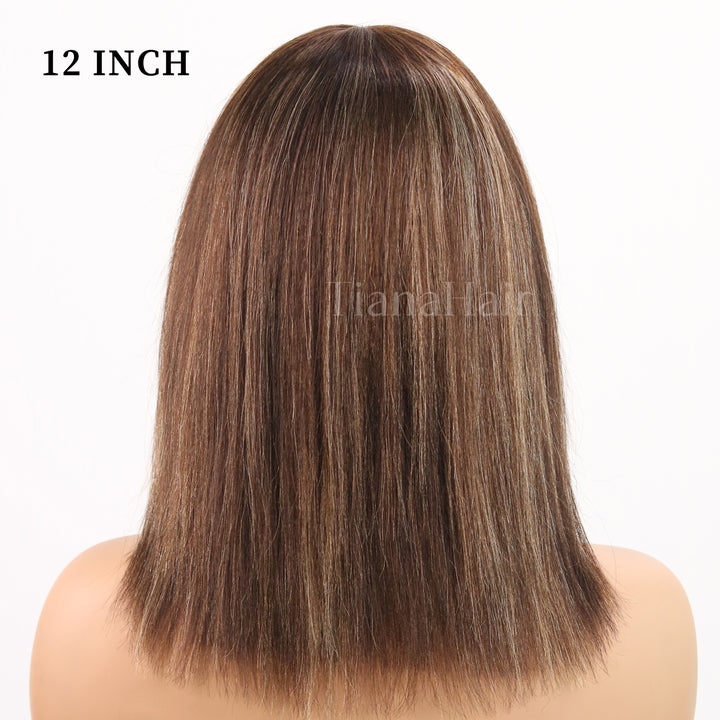 Ash Blonde Highlights Silky Blunt Cut Bob Wig with Bangs Glueless No Lace Short Wig