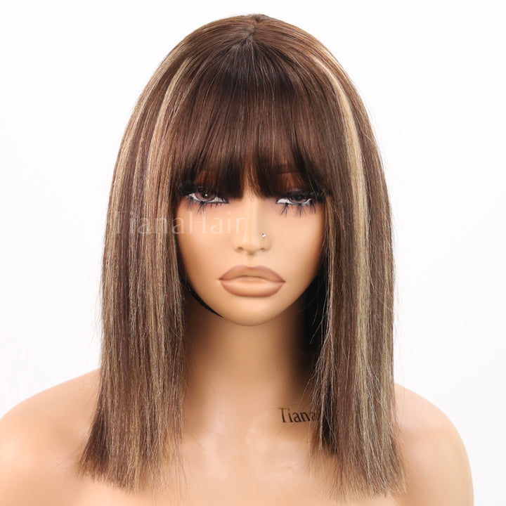Ash Blonde Highlights Silky Blunt Cut Bob Wig with Bangs Glueless No Lace Short Wig