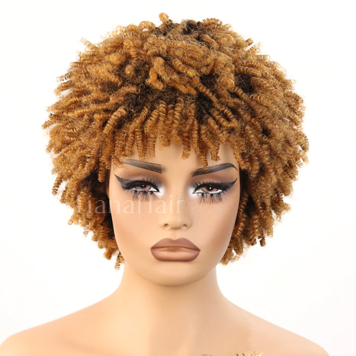 No Lace Put on & Go Honey Blonde Highlights Afro Kinky Coily Glueless Bob Wig With Bangs