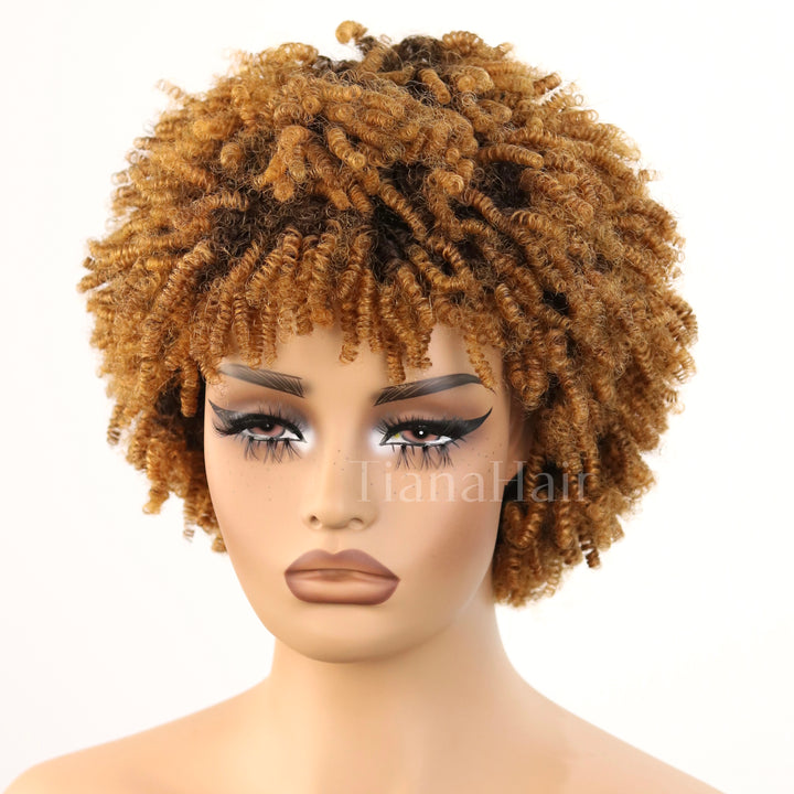 No Lace Put on & Go Honey Blonde Highlights Afro Kinky Coily Glueless Bob Wig With Bangs