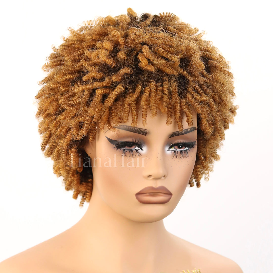 No Lace Put on & Go Honey Blonde Highlights Afro Kinky Coily Glueless Bob Wig With Bangs