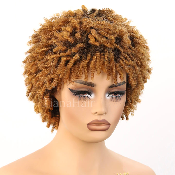 No Lace Put on & Go Honey Blonde Highlights Afro Kinky Coily Glueless Bob Wig With Bangs