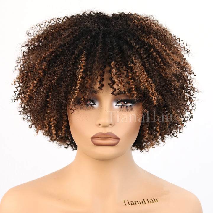 No Lace Cinnamon Dusk Afro Curly with Bangs Wig 100% Human Hair