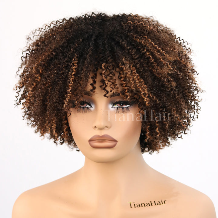 No Lace Cinnamon Dusk Afro Curly with Bangs Wig 100% Human Hair