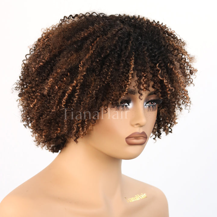 No Lace Cinnamon Dusk Afro Curly with Bangs Wig 100% Human Hair