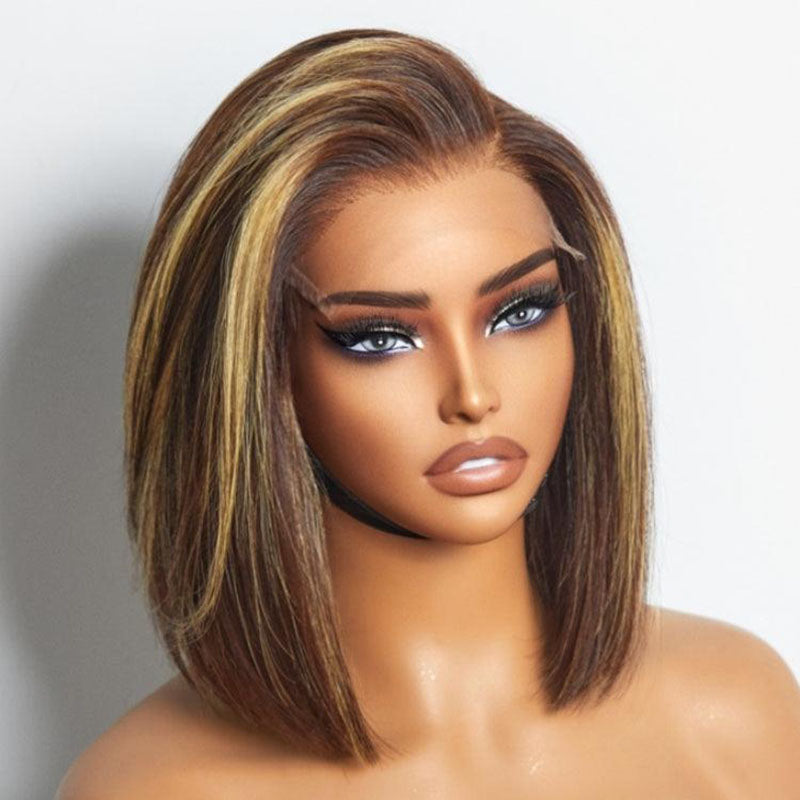 TianaHair 6x4 Lace Honey Blonde Highlight Silky Blunt Cut Wear Go Pre-Plucked Bob Wig.