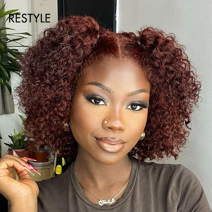 Reddish Brown Kinky Curly 4x4 Lace Wear And Go Glueless Short Curly Wig