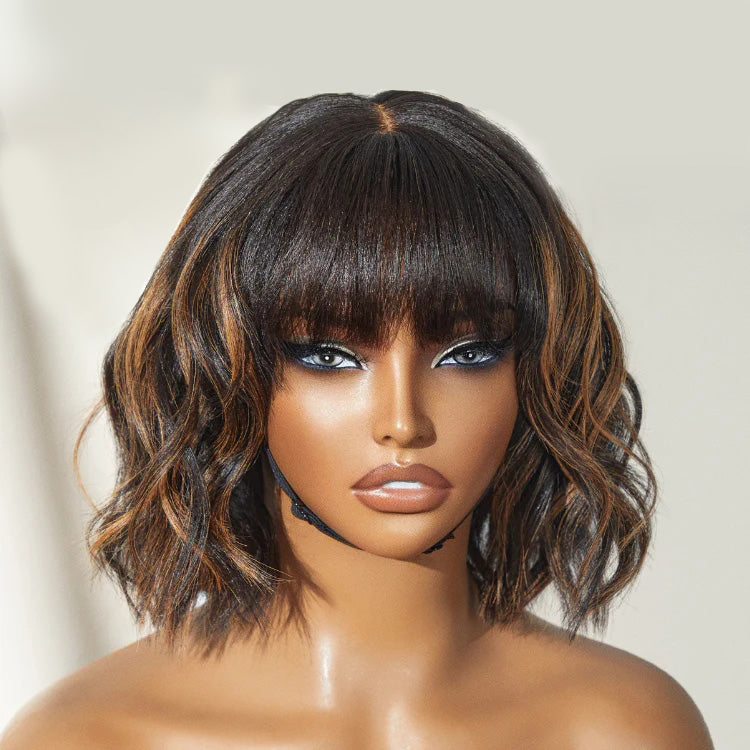 TianaHair Brown Highlight / Natural Black Glueless Layered Cut Silky Straight No Lace Bob Wig with Bangs.