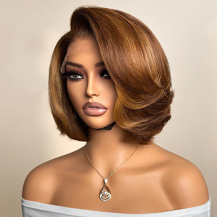 Toffee Brown Mix Blonde Layered Cut Glueless 4x4 Closure Lace Bob Wig