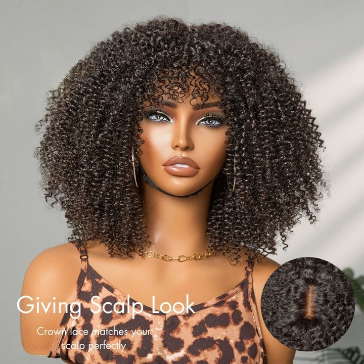Bouncy Jerry Curl Throw On & Go Afro Curly Glueless Short Curly Wig with Bangs