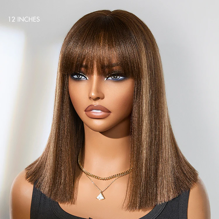 Ash Blonde Highlights Yaki Blunt Cut Bob Wig with Bangs Glueless No Lace Short Wig