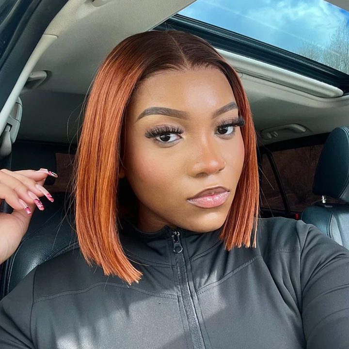 Ginger Ombre Silky Blunt Cut Glueless 4x4 Lace Short Bob Wig 100% Human Hair
