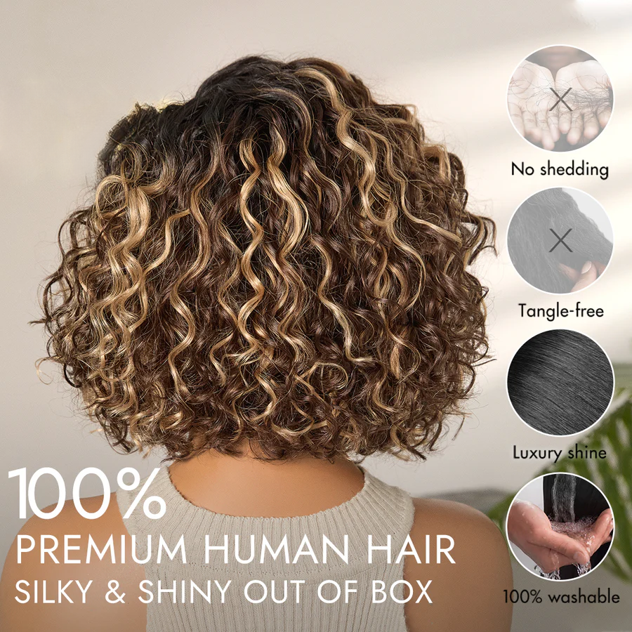 4x4 Lace Blonde Highlight / Natural Black Water Wave Short Curly Bob Wig Pre-Everyhthing & Transparent Lace Wear Go Glueless Wig