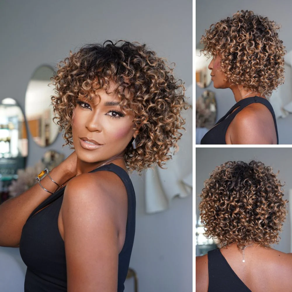 Chic Ombre Golden Brown Short Cut Curly Put On & Go Wig 100% Human Hair