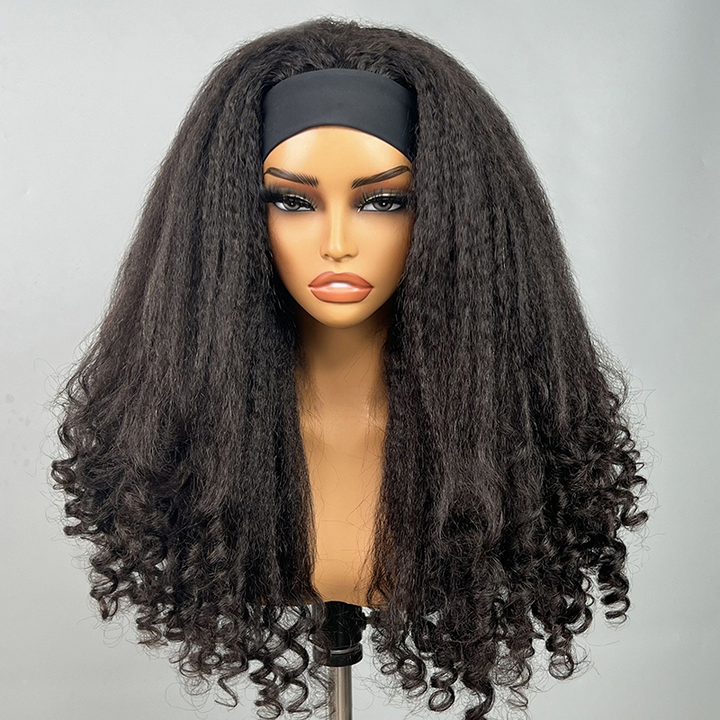 Kinky Straight Headband Wig With Spiral Curly Ends 100% Human Hair Glueless Wig