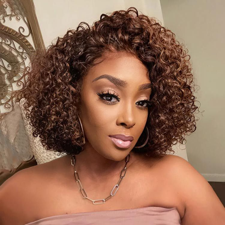 13x4 Frontal Lace Highlight Chocolate Brown Bob Curly Glueless Wig