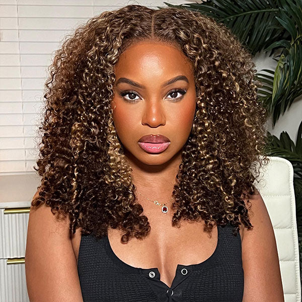 TianaHair Wear Go 6x4 Highlight Brown Wigs Kinky Curly Pre-plucked Glueless Lace Wigs.