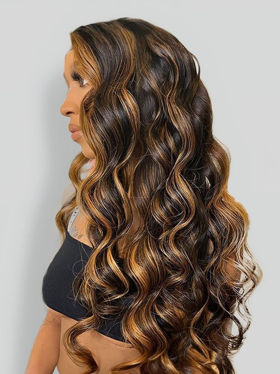 TianaHair Balayage Highlights Body Wave 4x4 Closure Lace Put On And Go Glueless Wig.