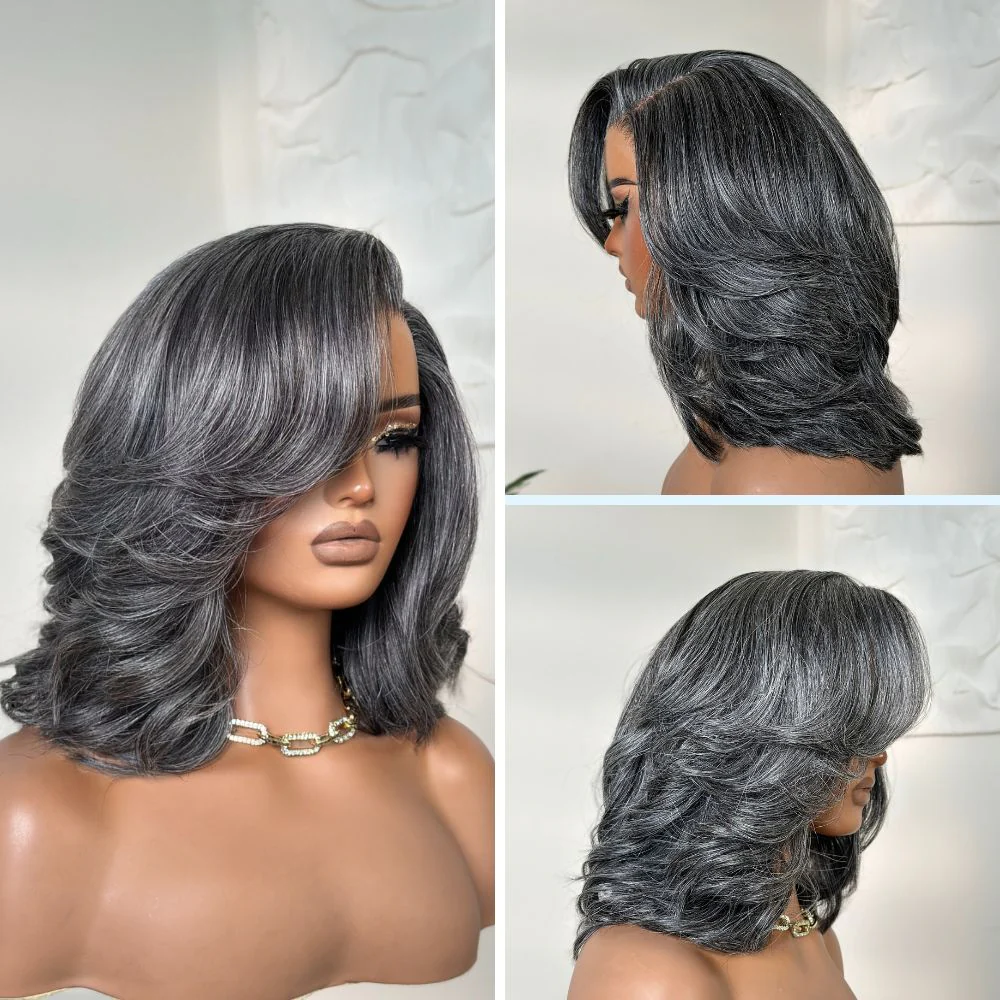 4x4 Lace Vintage Salt and Pepper Grey Volume Layered Body Wave Side Part Wig