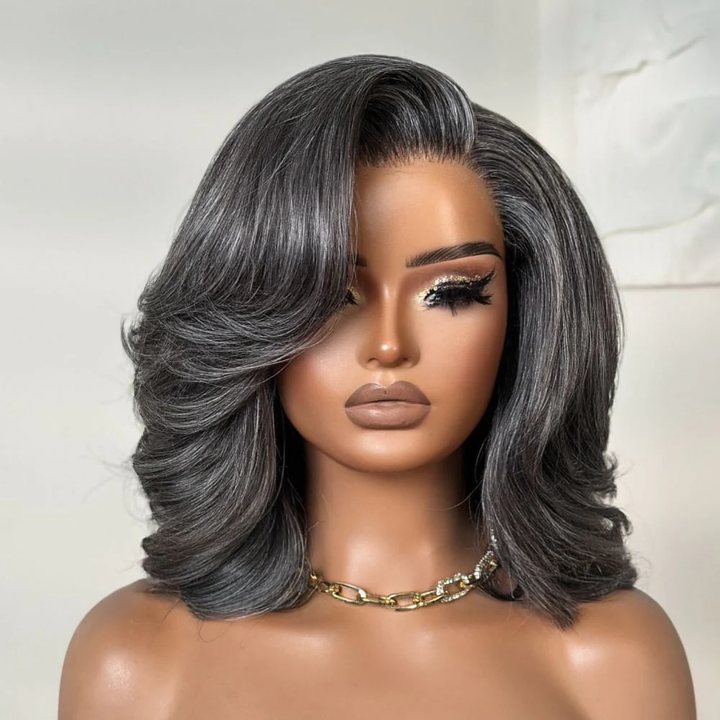 4x4 Lace Vintage Salt and Pepper Grey Volume Layered Body Wave Side Part Wig