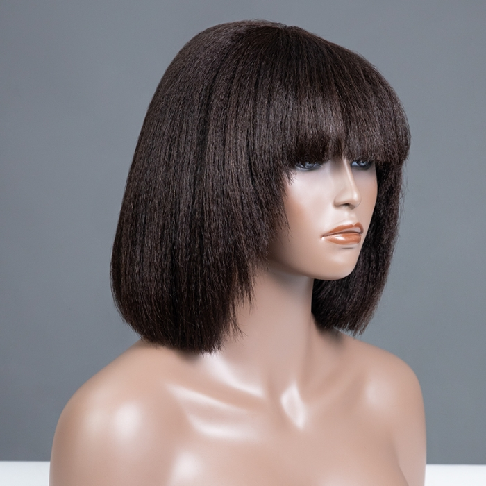No Lace Kinky Blow-out With Bang Glueless bob Wig 100% Human Hair