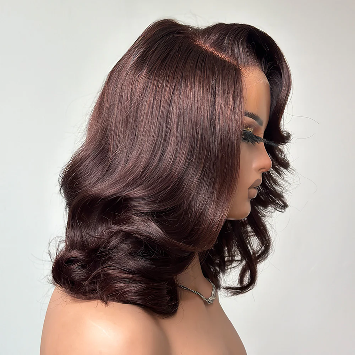 4x4 Lace Dark Brown Layered Cut Body Wave Bob Wig 100% Human Hair