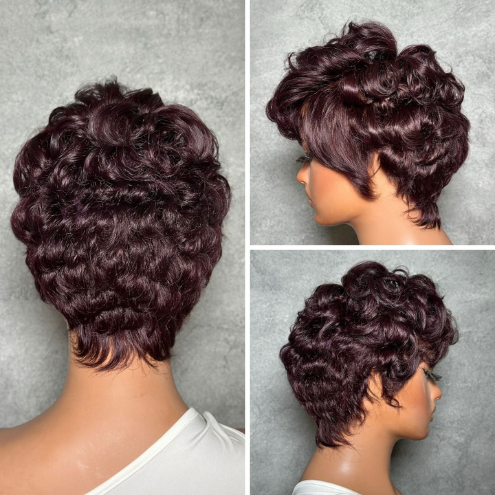 No Lace Put On & Go Dark Burgundy Pixie Cut Wig 100% Human Hair