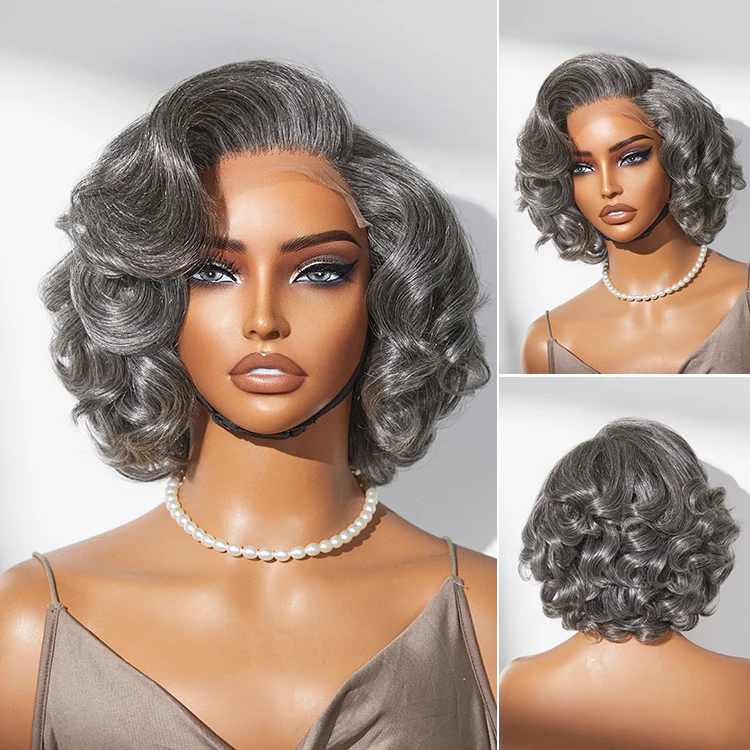 TianaHair Mature Boss Salt and Pepper Bouncy Egg Curls Glueless Transparent Lace Grey Wig.