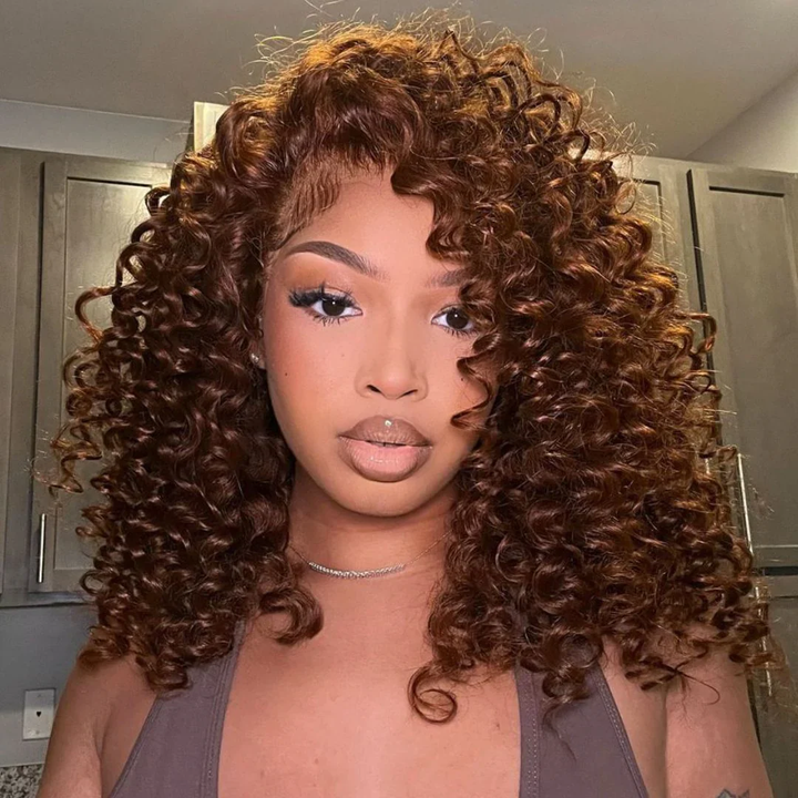 13x4 Lace Put On ＆ Go Chocolate Reddish Brown Glueless Bouncy Curly Wig
