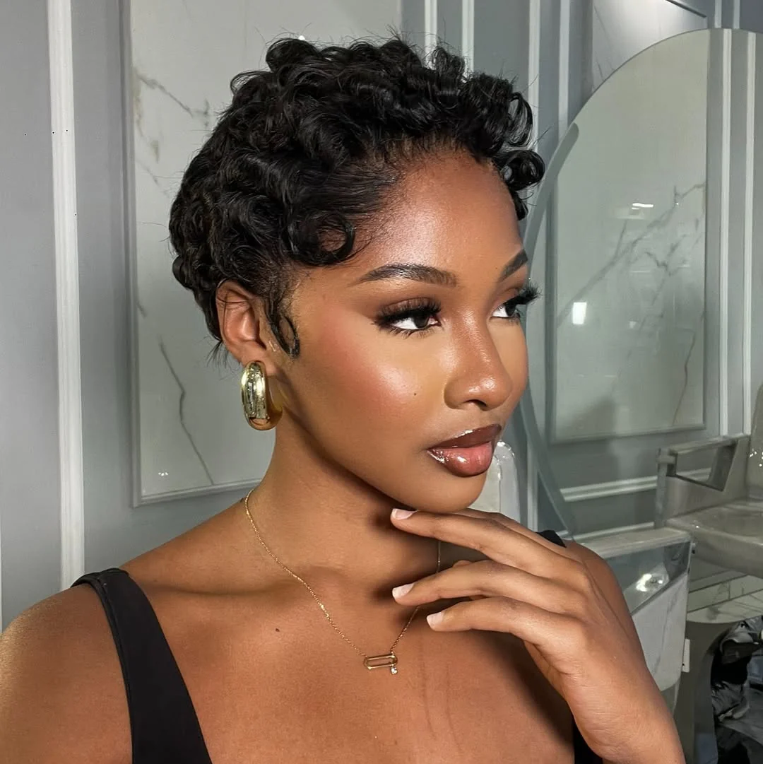 13x4 Frontal Lace Curly Texture Short Pixie Cut Human Hair Wig