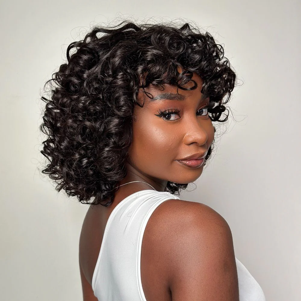 No Lace Brown Highlights/Natural Black Glueless Voluminous Curly bob Wig With Bangs Glueless Wig