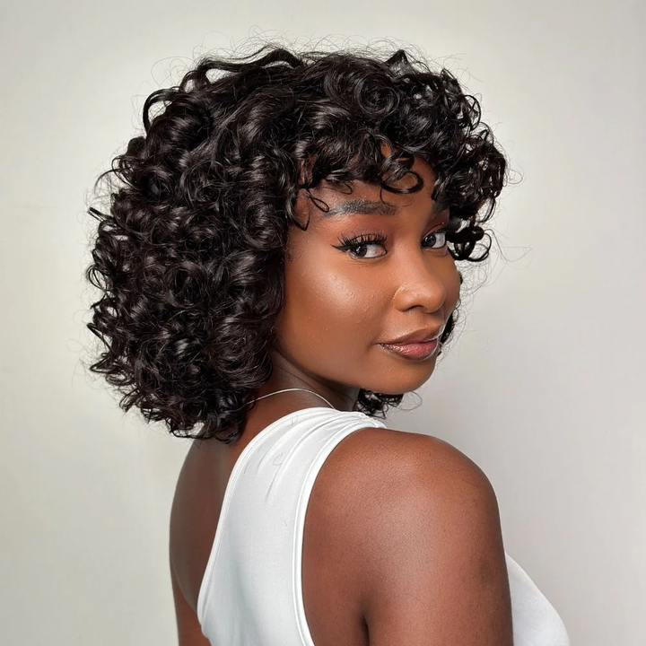 No Lace Brown Highlights/Natural Black Glueless Voluminous Curly bob Wig With Bangs Glueless Wig
