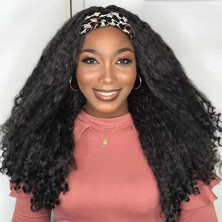 Kinky Straight Headband Wig With Spiral Curly Ends 100% Human Hair Glueless Wig